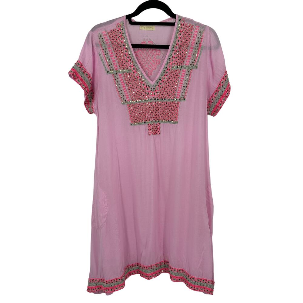 Ruby yaya pink beaded dress size M/L v-neck pockets pullover flowy